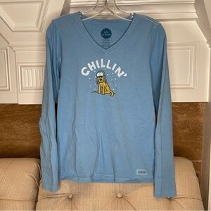 Z: Life is Good Crusher Chillin Rocket Dog V-neck T-shirt Women's Size XS Blue